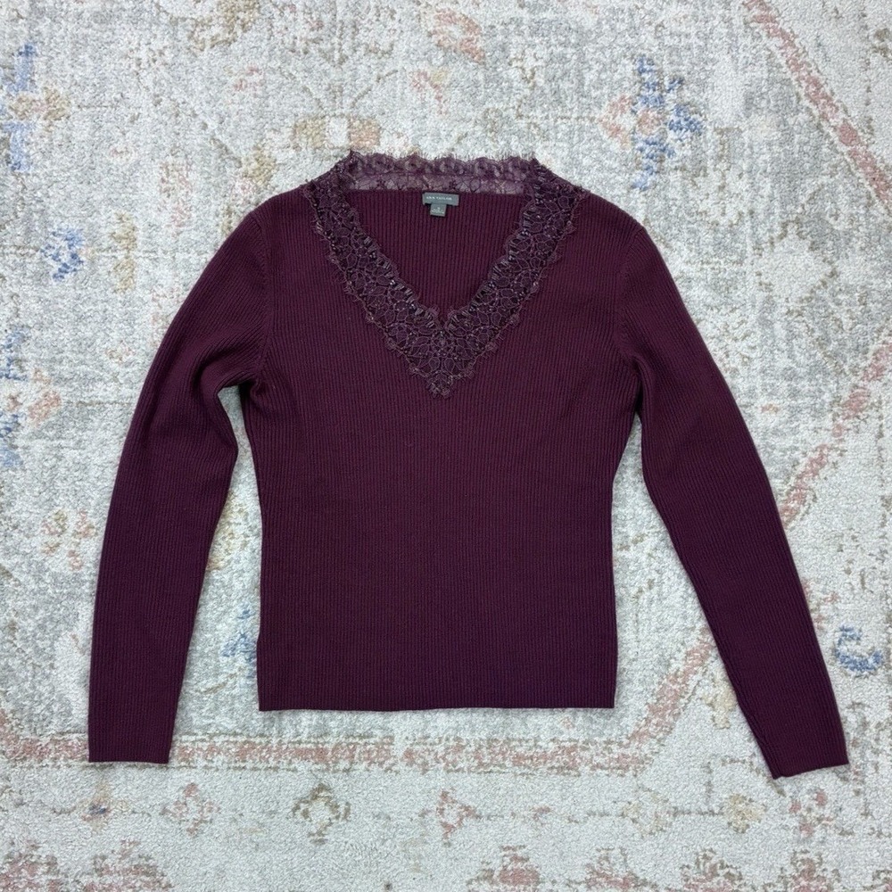 Ann Taylor VTG 100% Wool Ribbed Knit Lace Beaded Coquette Cottagecore Plum M